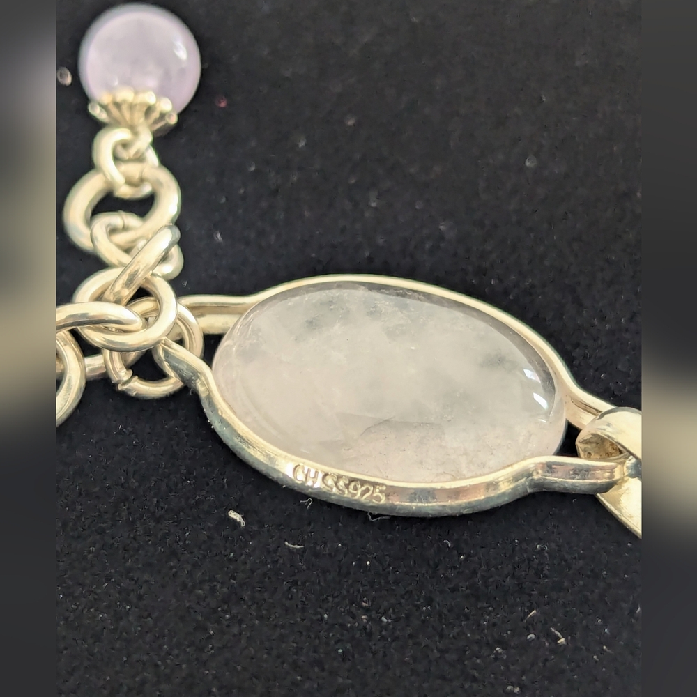 Vintage '90s Amethyst & Rose Quartz Cabochon Linked Sterling Silver Bracelet - Picture 4 of 15